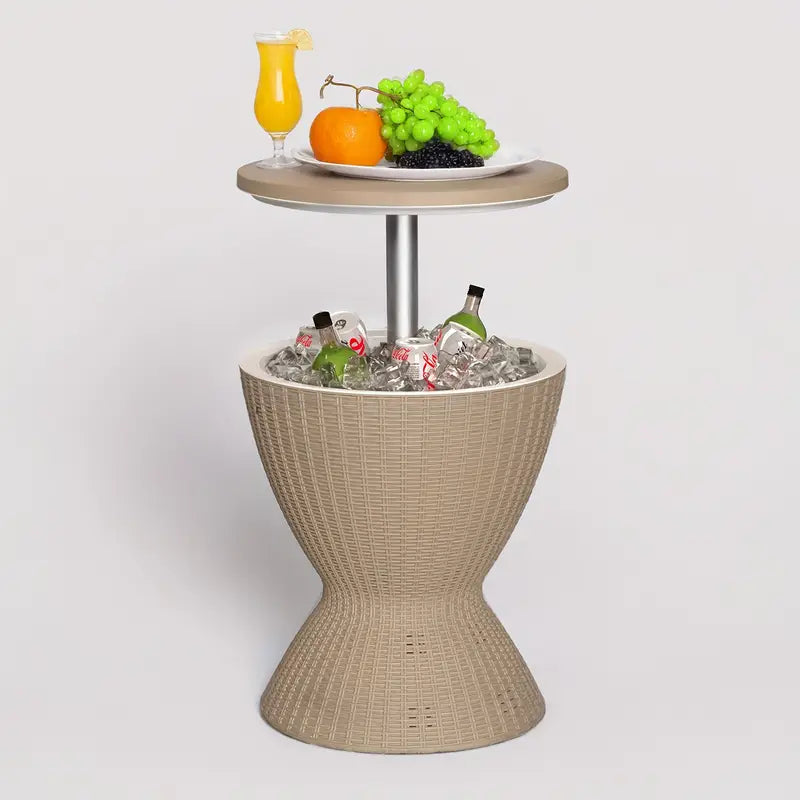 3-in-1 Patio Rattan 8 Gallon Cooler Bar Table With Adjust Ice Bucket ~