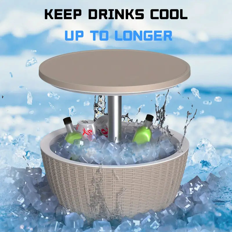 3-in-1 Patio Rattan 8 Gallon Cooler Bar Table With Adjust Ice Bucket ~