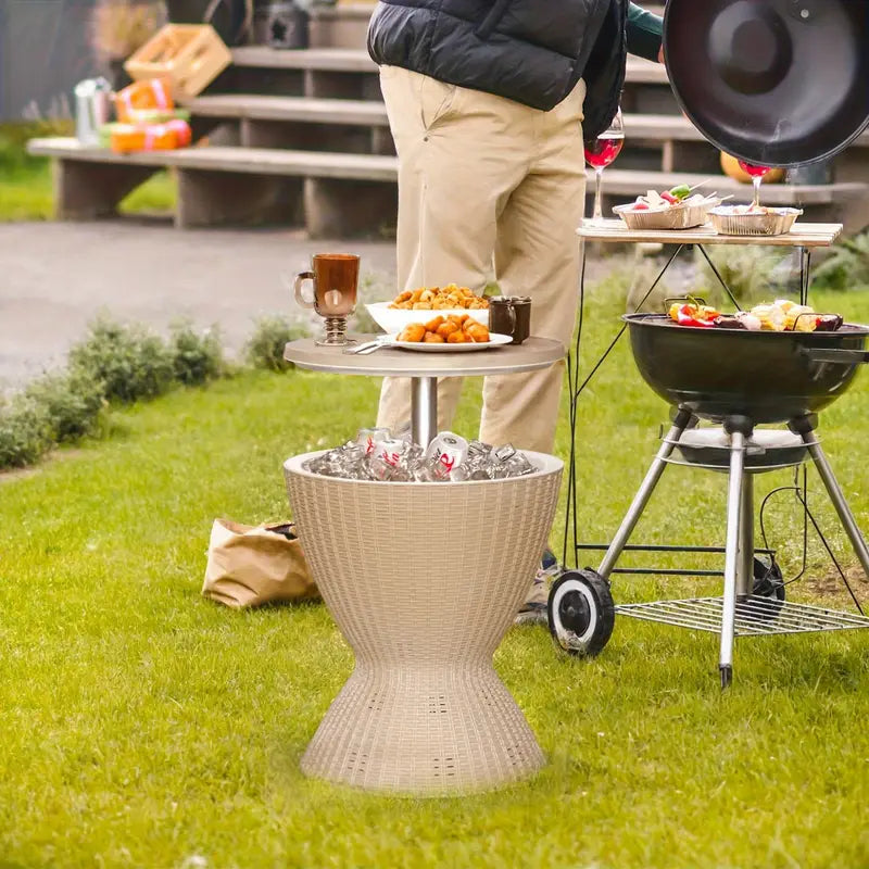 3-in-1 Patio Rattan 8 Gallon Cooler Bar Table With Adjust Ice Bucket ~