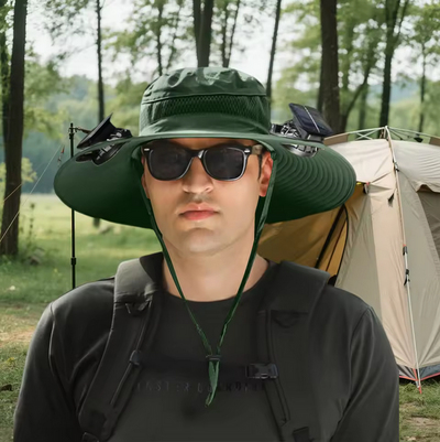 Outdoor Wide Brim Sun Hat with Solar/Charging Fan ~